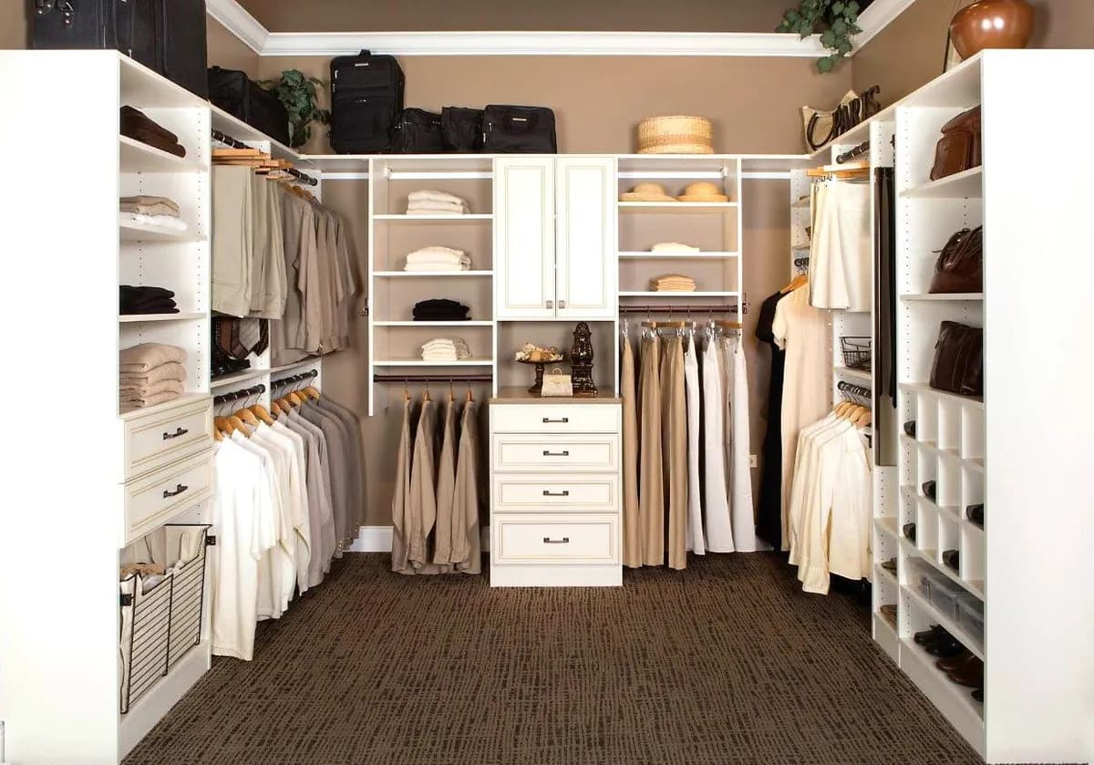 Espresso-finish reach-in closet with double hang and drawers